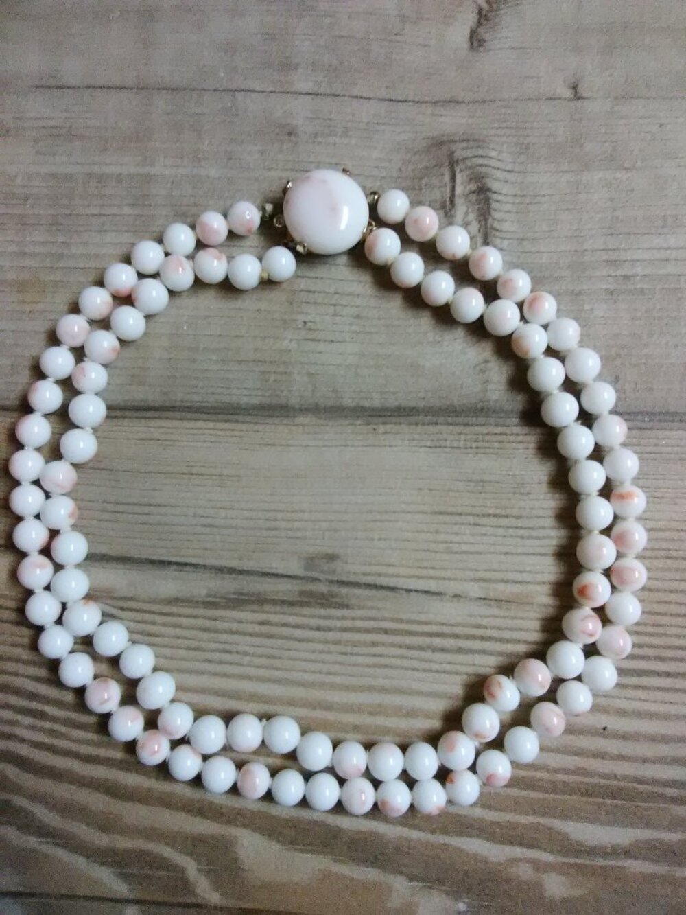 Castlecliff milk glass two strand necklace - white beads w/ pink / blush spots